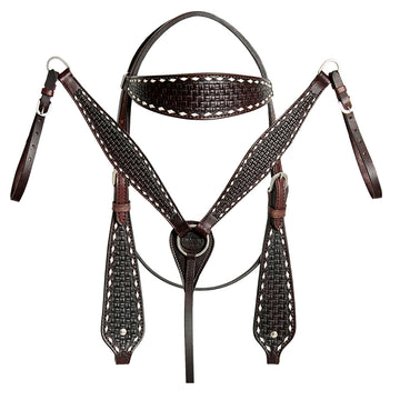 HILASON Western Horse Genuine Leather Headstall & Breast Collar With Side Buck Stitch Brown